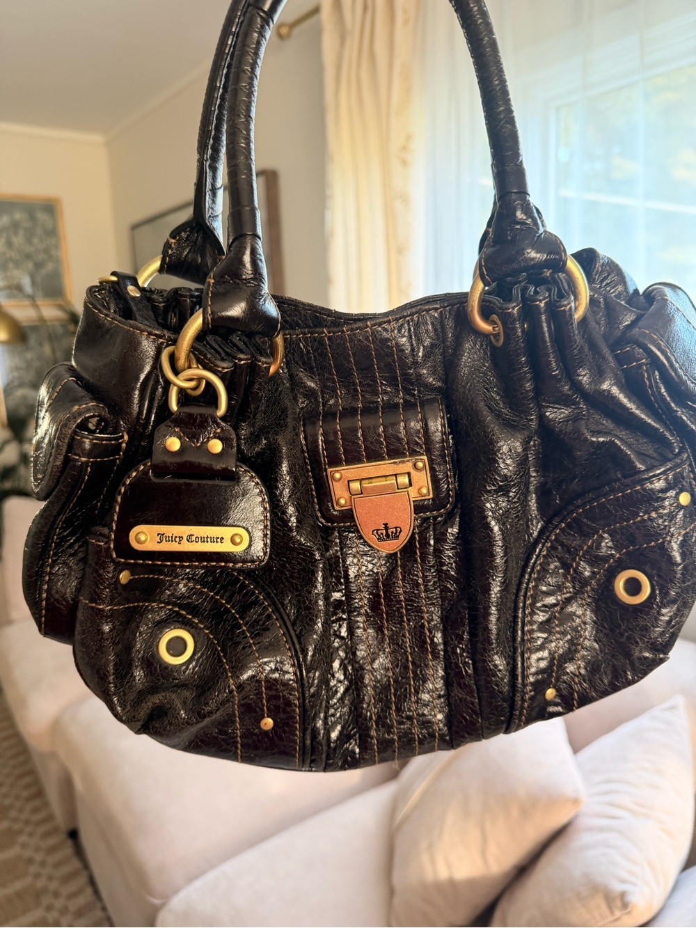Vintage Juicy Couture Black Leather Y2K Hobo Shoulder Bag Gold Crown Hardware